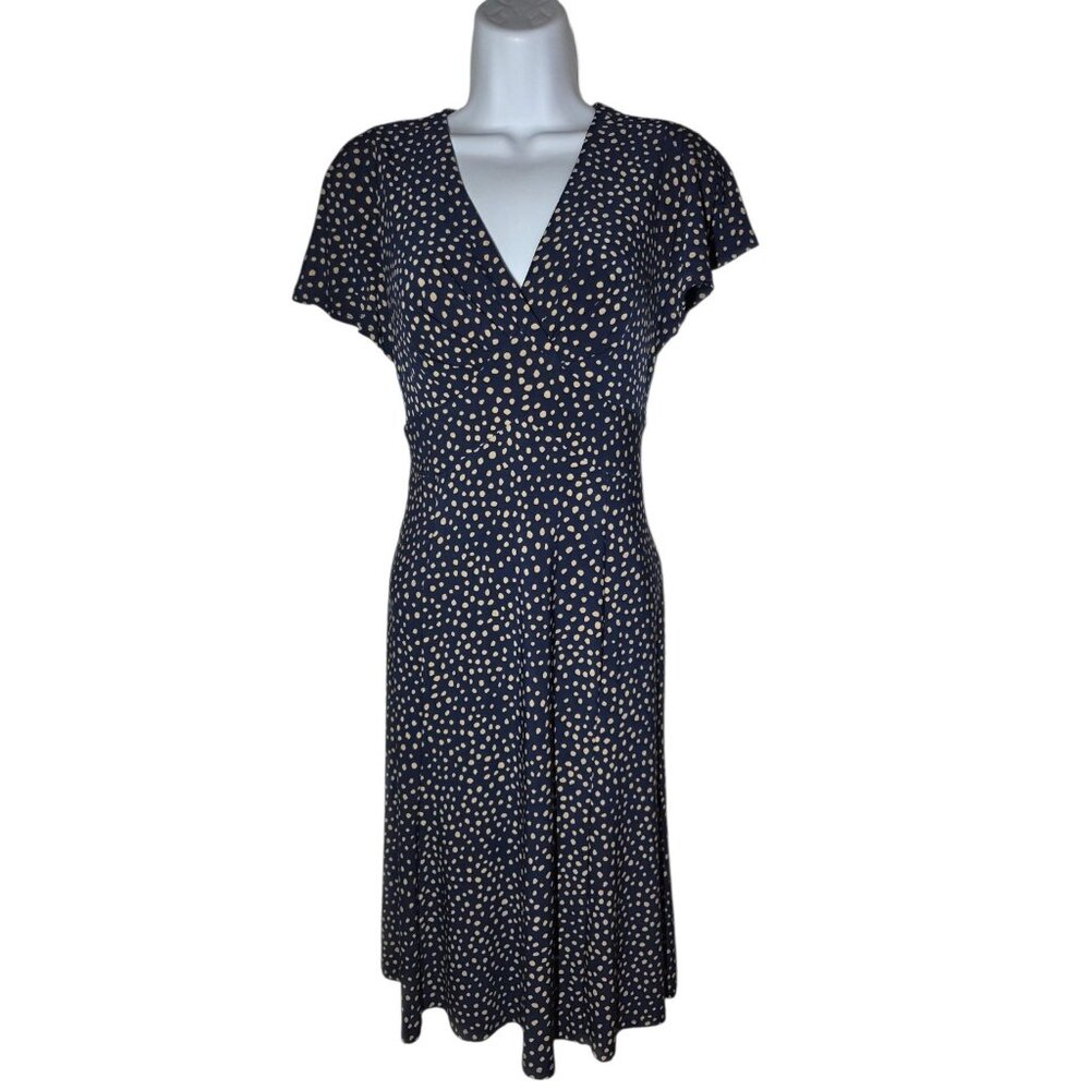 Chaps Navy Blue‎ Beige Spotted V-Neck Midi Flutter Sleeve Stretch Dress M